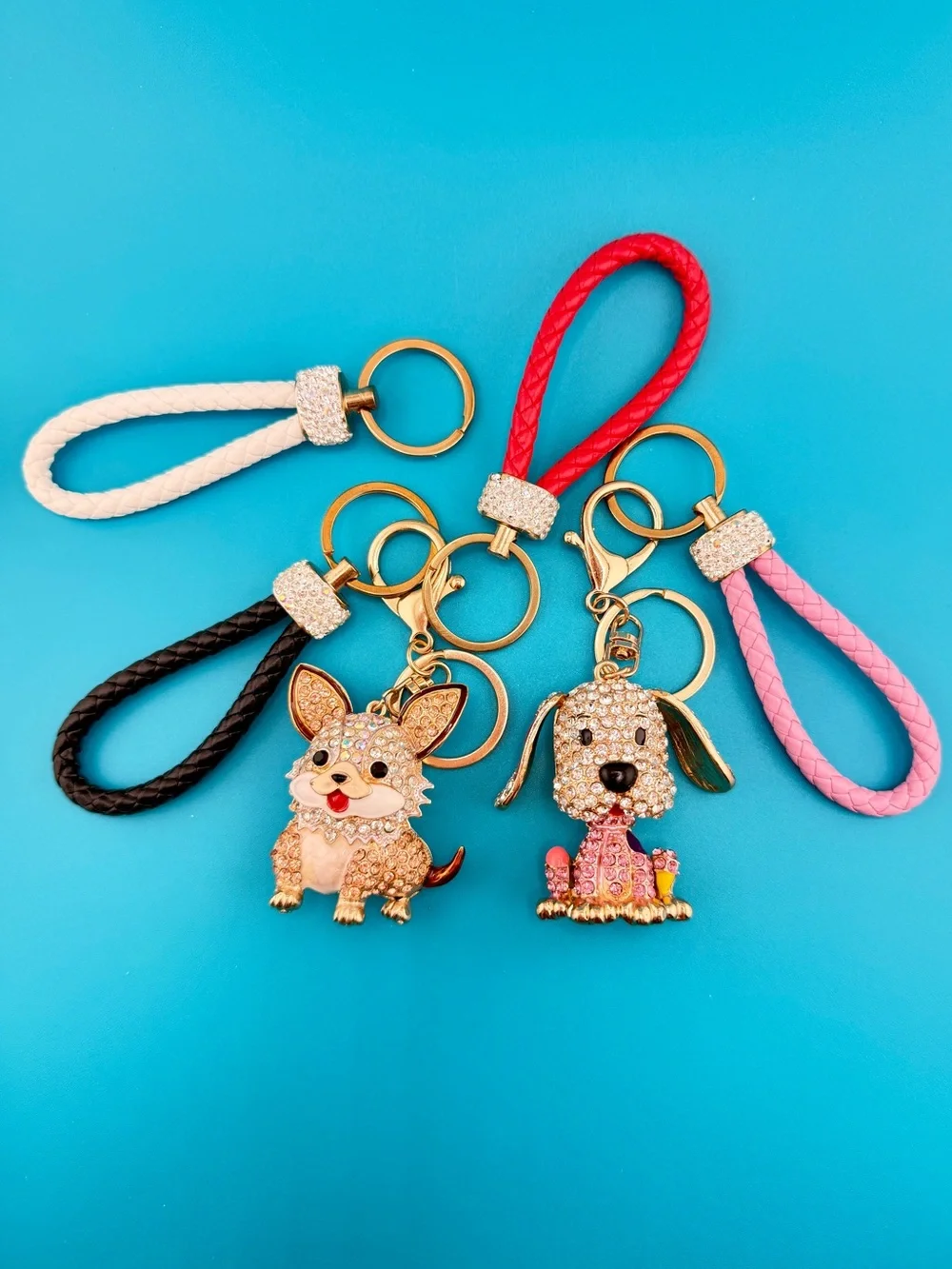 🐶 White & Gold CORGI PUPPY DOG Crystal Rhinestone Bag Charm /Keychain + Key Ring